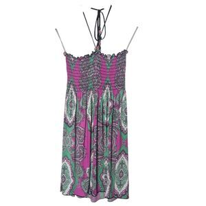 Y2K Purple Green Paisley Smocked Halter Dress Vintage Size Large